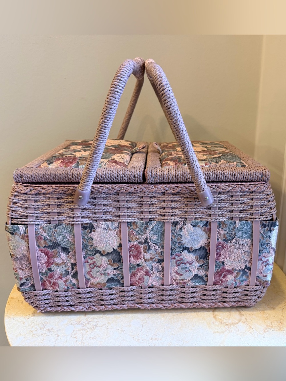 Vintage Azar Pink Woven Floral Sewing Basket with Handles- Like New
